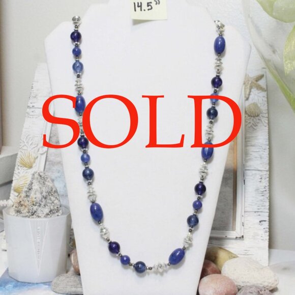 SOLD All out 80's Blue & Silver Beaded Statement Necklace - Picture 1 of 5